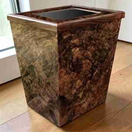 tissue box cover 13 quart walnut burl waste basket with lide and liner on a wood floor