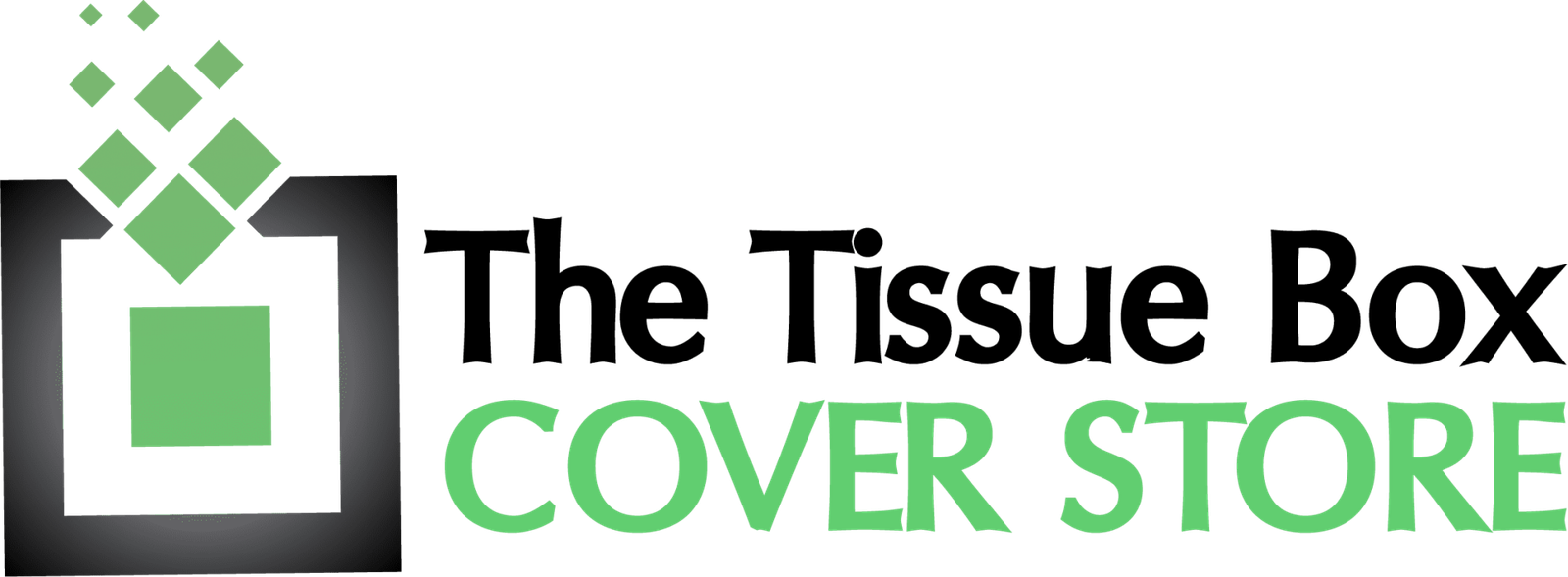 Logo with a gray tissue box, green inner square, and cascading green diamonds beside The Tissue Box Cover Store.
