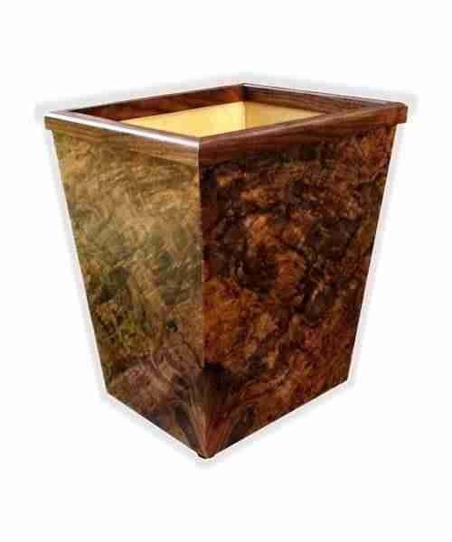 Rectangular burl wood veneer wastebasket with an open top and light interior.