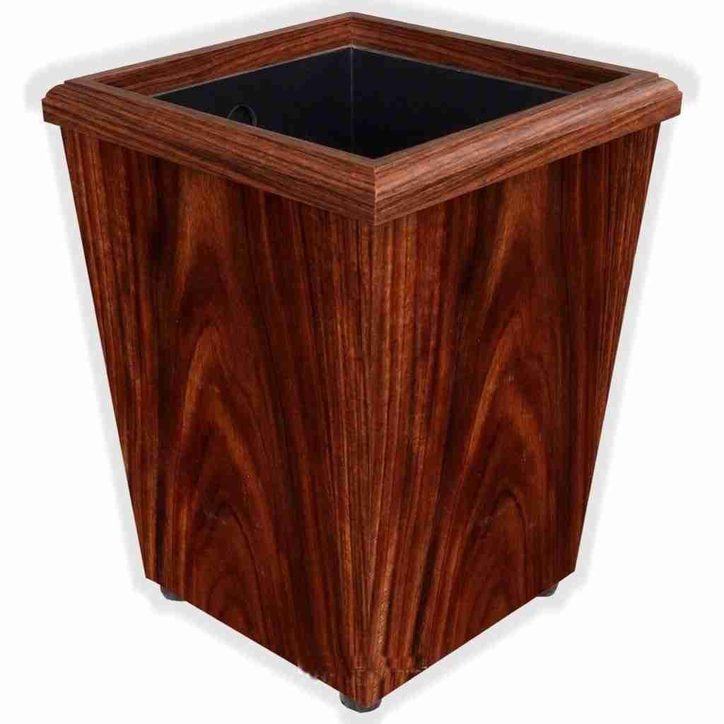 Square rosewood trash can with open top on a white background