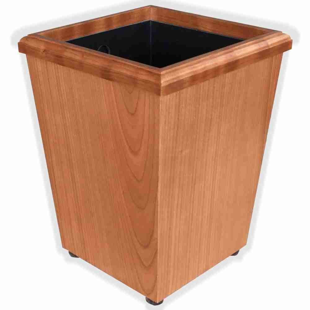 Square cherry wood wastebasket with a black interior liner