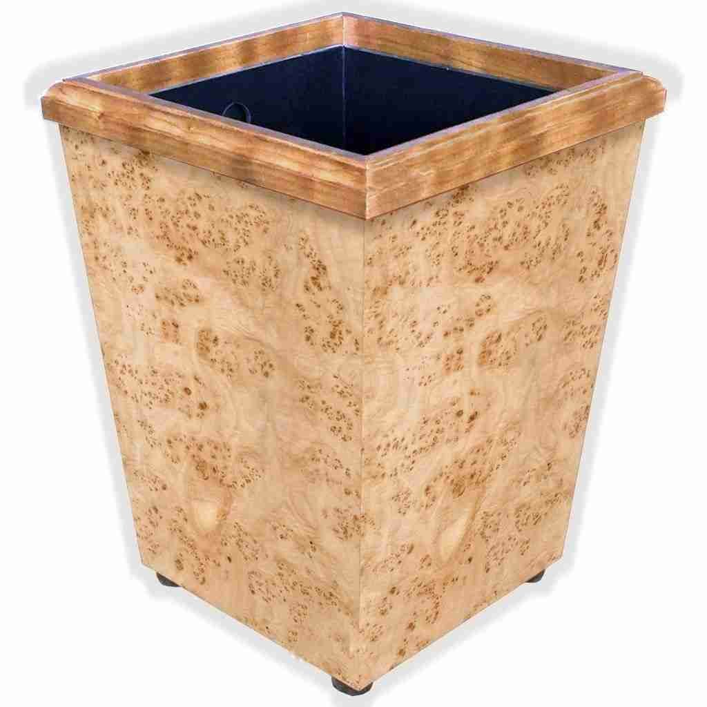 Mappa burl wood waste basket with black PVC liner, 7 quart capacity.