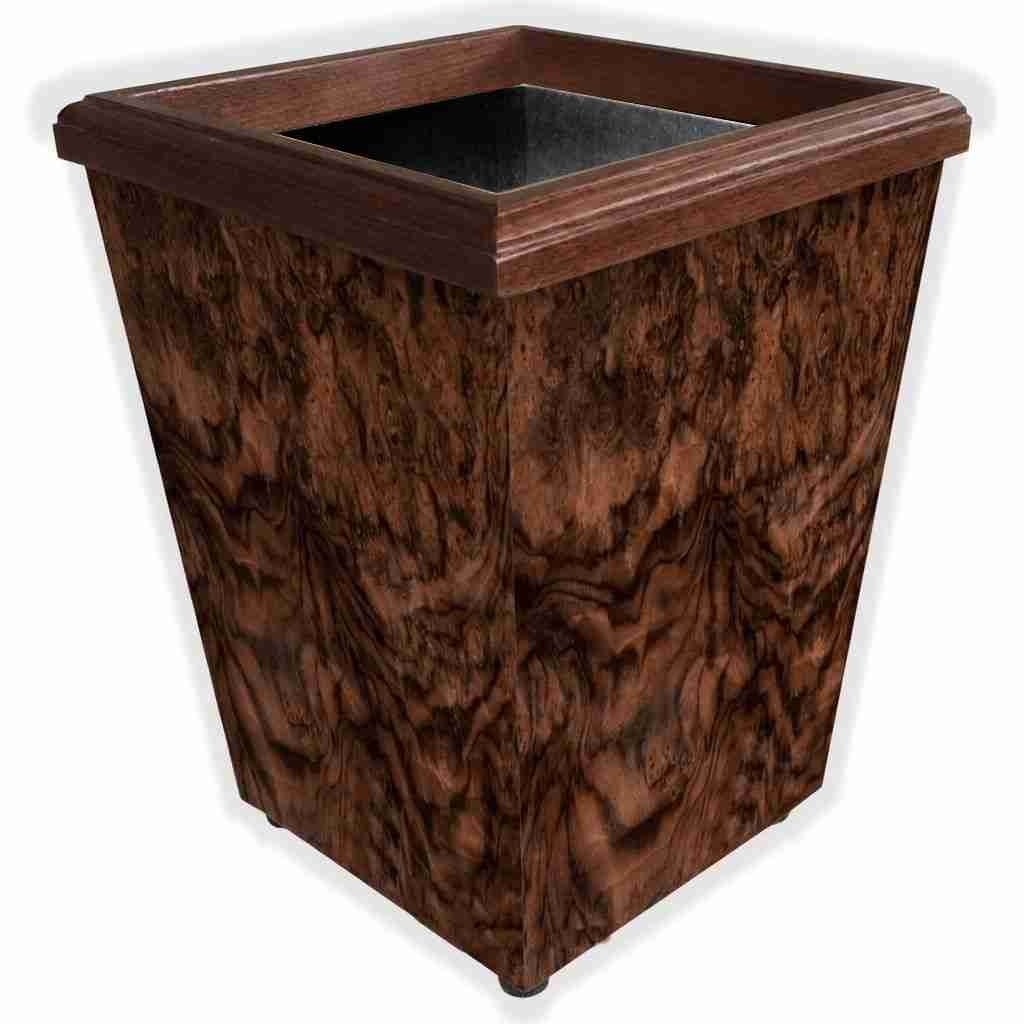 Small 7-quart wastebasket with walnut burl veneer lid and black PVC liner.