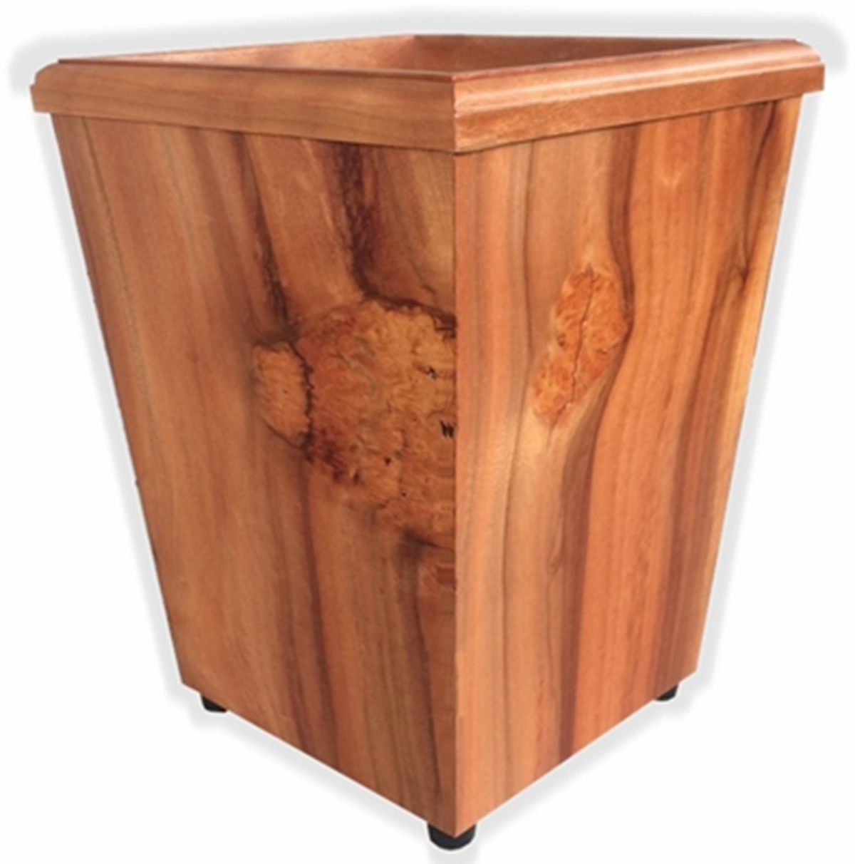 Handcrafted pepperwood veneer wastebasket, small 7qt size.