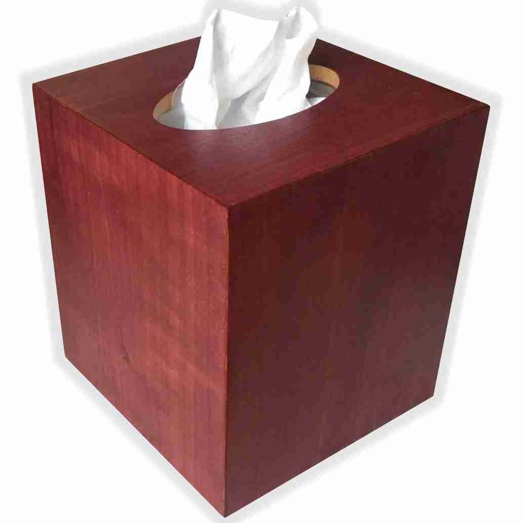Purple Heart wood veneer cube tissue box cover with slotted opening